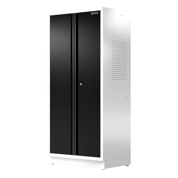 A tall metal storage cabinet with black double doors and white sides, branded CRAFTSMAN. The cabinet has a vented panel on the side and stands on small legs.
