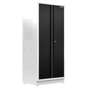 Tall metal storage cabinet with white sides and black double doors, featuring a CRAFTSMAN logo on the top right corner and ventilation holes on the left side.