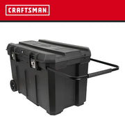 Photo of Craftsman rolling toolbox CMST37025 with black body, large handle, metal latches, and wheels, angled view.