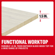 CRAFTSMAN worktop with 2 inch thick butcher block wood, suitable for many projects, shown with measurement.