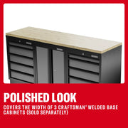 Wood worktop fits over three CRAFTSMAN welded base cabinets; cabinets sold separately. Modern, polished design.