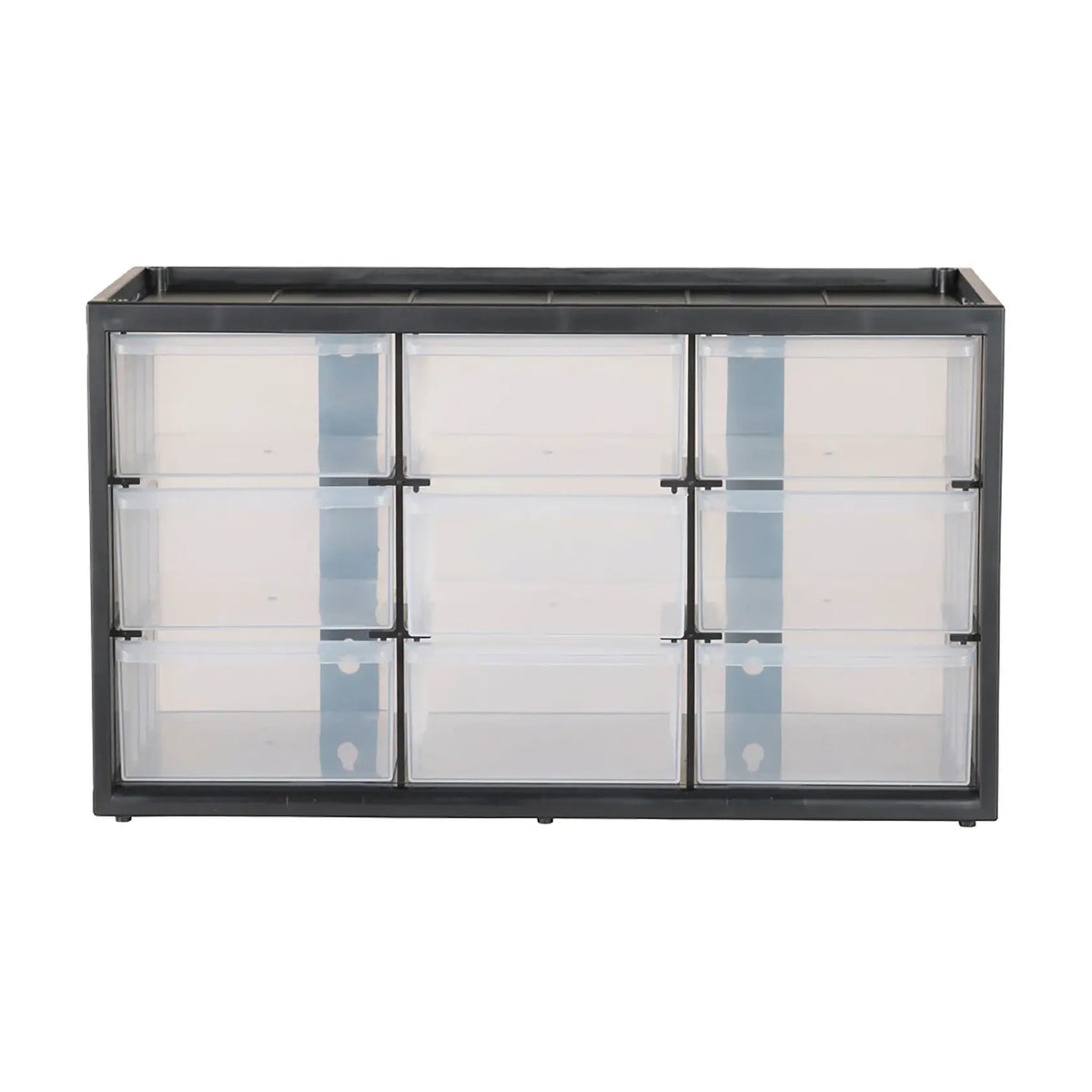 Front view photo of Craftsman CMST40709 black plastic storage cabinet with nine clear drawers.