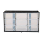 Front view photo of Craftsman CMST40709 black plastic storage cabinet with nine clear drawers.