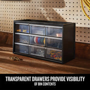 Craftsman CMST40709 graphics, storage organizer with transparent drawers on workbench, frontal angle.