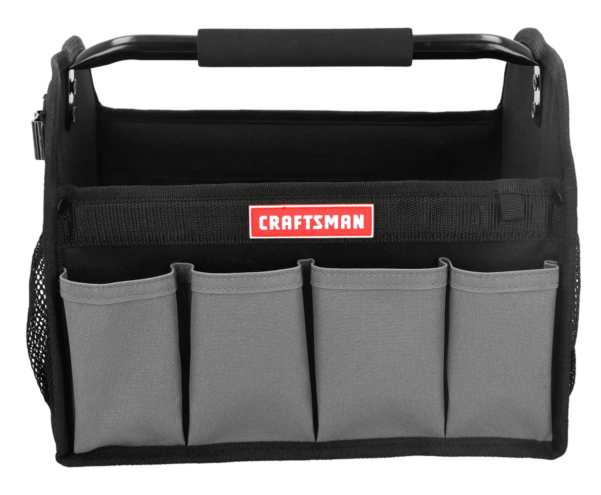 A black and gray tool tote with four front pockets and a padded handle. The tote has a mesh pocket on the side and the brand name 'Craftsman' displayed on a red label on the front.