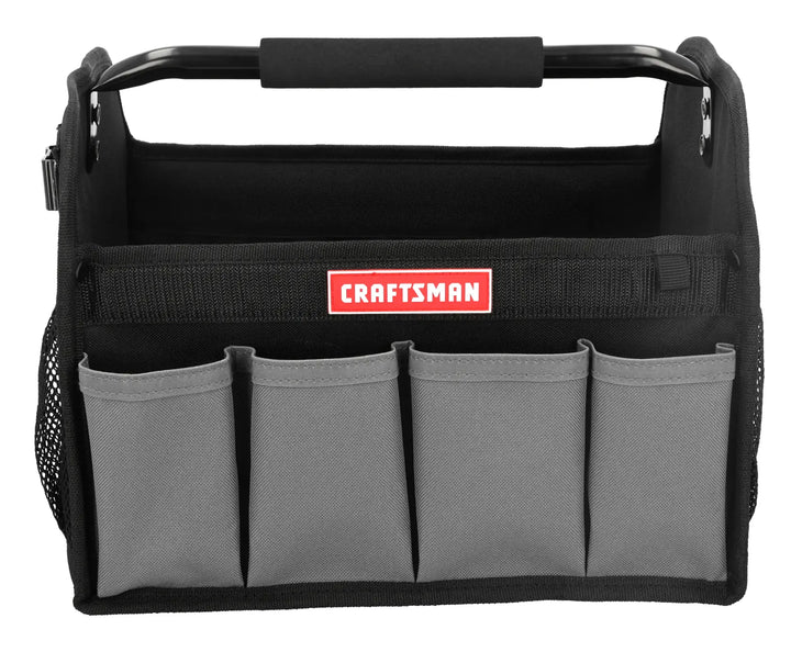 A black and gray tool tote with four front pockets and a padded handle. The tote has a mesh pocket on the side and the brand name 'Craftsman' displayed on a red label on the front.