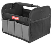 A Craftsman branded tool bag with multiple exterior pockets, a mesh side pocket, and a padded handle for carrying. The bag is black and gray in color and designed for organizing and transporting tools.