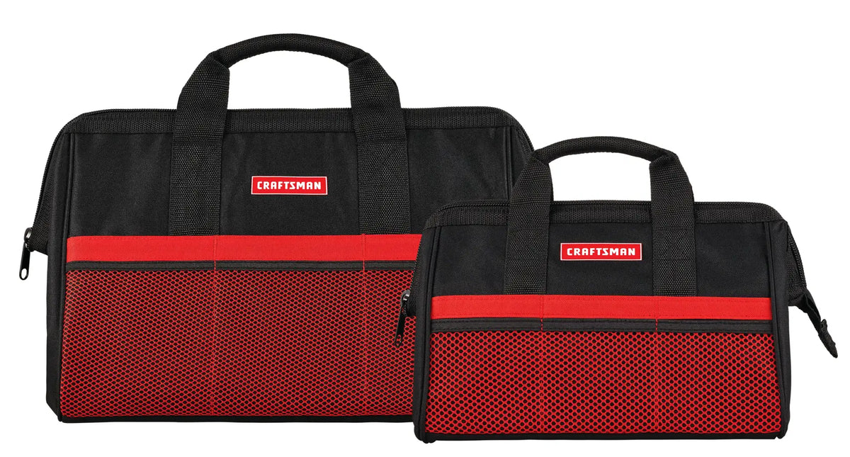 Photo of two Craftsman tool bags, black with red mesh fronts, SKU CMST513518, front angle, white background.