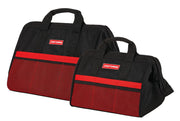 Photo of Craftsman tool bag set CMST513518, black and red, front angle, two sizes, zippered top, mesh pocket.