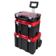 Photo of CRAFTSMAN rolling tool box stack, black and red, with handle, SKU CMST60402, front angle.