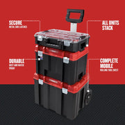 Photo of Craftsman rolling tool chest set with three stackable black and red boxes, handle extended, CMST60402.