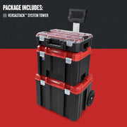 Photo of Craftsman rolling tool box tower with red and black design, CMST60402, shown at front angle.