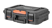 Photo of Craftsman CMST21415 black toolbox with orange latches, durable plastic construction, front angle on white background.