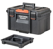Photo of Craftsman tool box with handle, black and red, includes removable tote tray, SKU CMST21430, front angle.