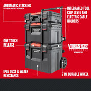 Photo of Craftsman stackable tool boxes with wheels, SKU CMST60420, front angle, features VersaStack XL compatibility.