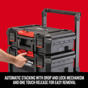 Photo of Craftsman stackable tool boxes with red latches, model CMST60420, shown in front angle.