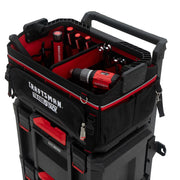 Photo of Craftsman tool organizer CMST60560 filled with hand tools and a cordless drill, angled on white background.