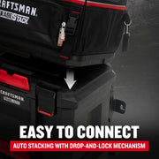 Photo of CRAFTSMAN TRADESTACK toolboxes SKU CMST60560 stacked, highlighting drop-and-lock auto stacking feature.