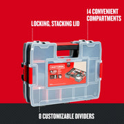 Craftsman CMST60944M graphics case with clear locking lid, red handle, 14 compartments, 8 customizable dividers.