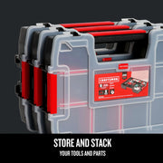 Photo of three Craftsman clear plastic tool organizers with red handles, graphics SKU CMST60964M, front angle.