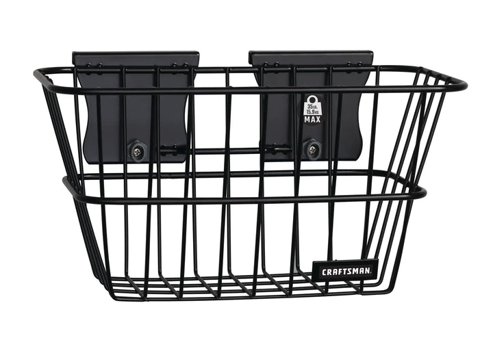 Front angle photo of Craftsman wire storage basket, black, SKU CMST82603VT, with mounting brackets visible.