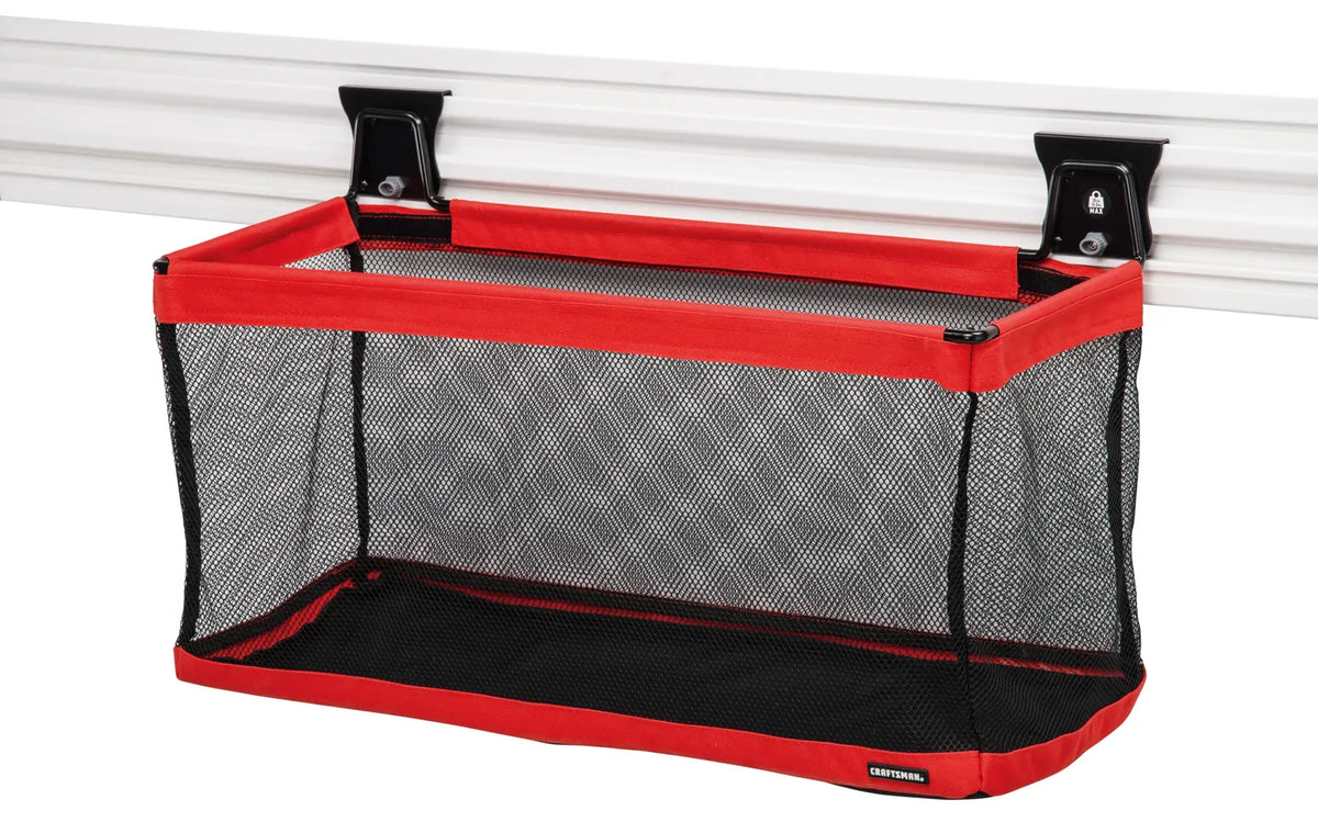 Photo of Craftsman mesh storage bin CMST82619VT with red trim, wall-mounted, front angle on white background.