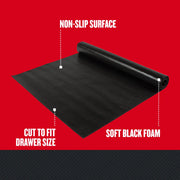 CRAFTSMAN CMST82692 graphics of black foam drawer liner roll with non-slip surface, cut-to-fit feature, angled view.