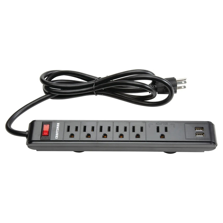 Craftsman black power strip with six outlets, two USB ports, red switch, SKU CMST82693, front angle.