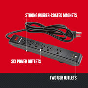 Craftsman power strip CMST82693 with six outlets, two USB ports, rubber-coated magnets; side angle, white background.