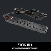 Craftsman black power strip CMST82693 with six outlets, two USB ports, angled on white background.