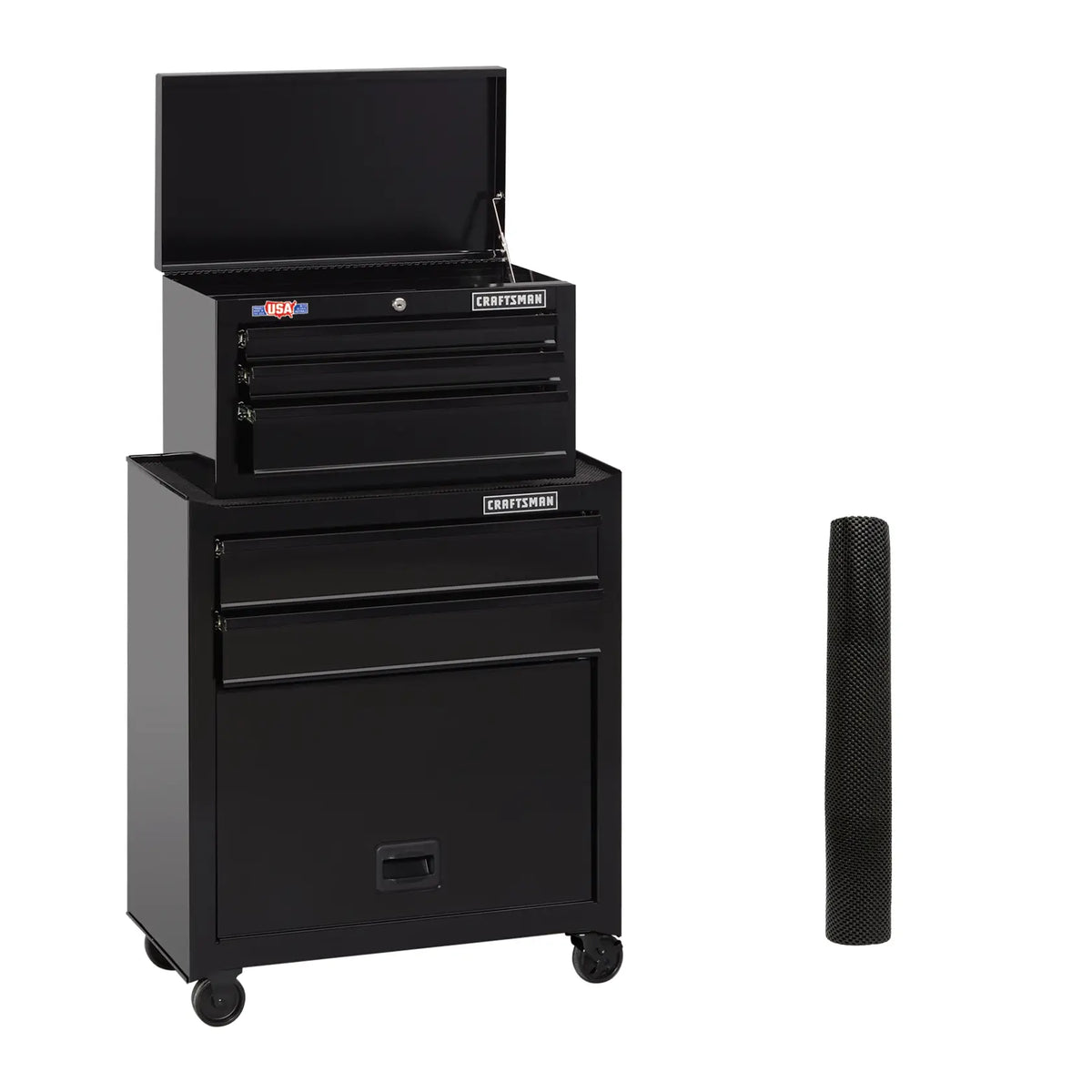 Photo of Craftsman CMST82763BK black rolling tool chest with open top and matching drawer liner on white background.