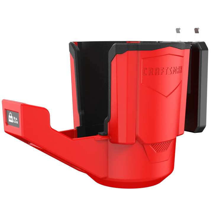 Photo of Craftsman red plastic cup holder, model CMST82823VT, with a black inside and mounting hooks, side angle.