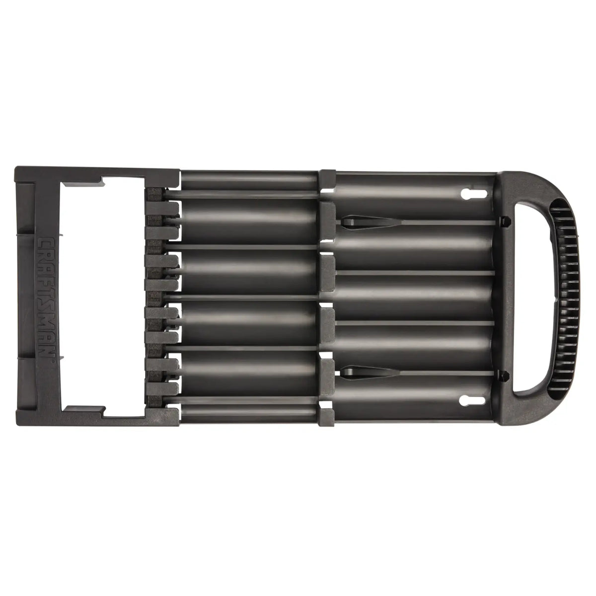 Photo of Craftsman black plastic socket organizer tray CMST82967, top-down view on white background.
