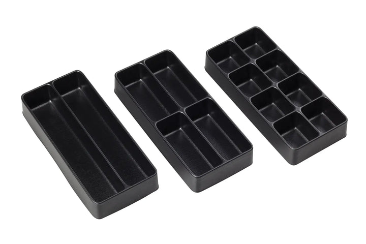 CRAFTSMAN CMST98018 drawer organizer trays, black plastic, set of three, top angle photo.