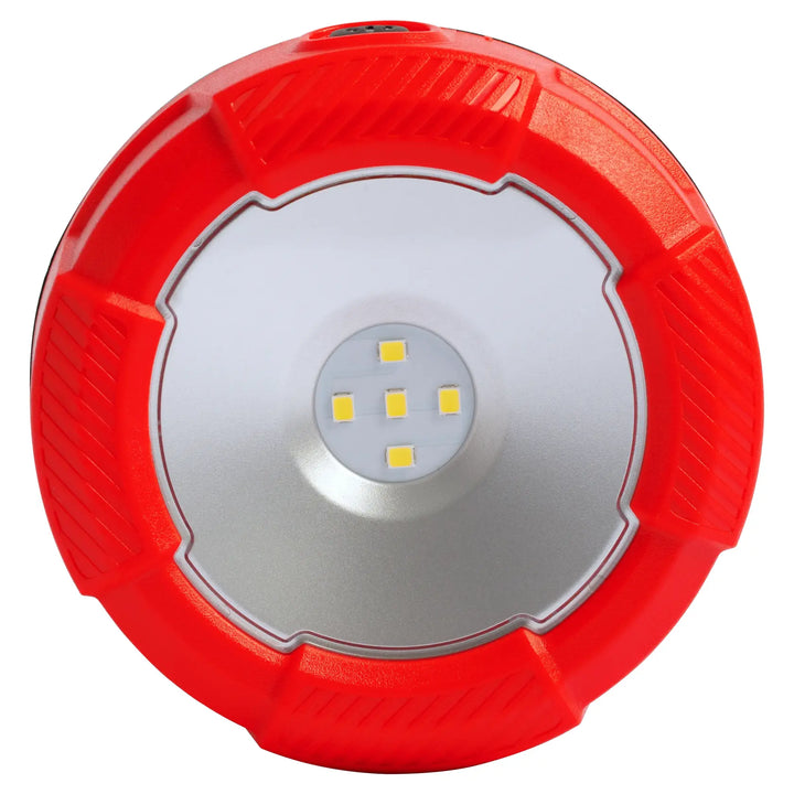 Front view of Craftsman LED work light CMST98187 with red casing and five central LEDs.