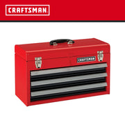 Photo of CRAFTSMAN red metal toolbox CMST98245RB with three drawers, top handle, and dual front latches, angled on white.