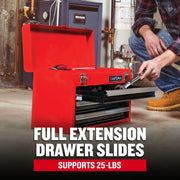 Photo of Craftsman red metal tool chest CMST98245RB with open drawers, shown in a workshop setting.