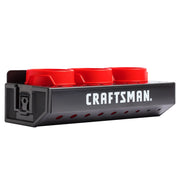 Craftsman black and red wall mount rack CMST98255 for power tool battery storage, angled side view.