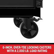 Photo of CRAFTSMAN CMST98260BK graphics showing close-up of black 6-inch over-toe locking casters on a white background.