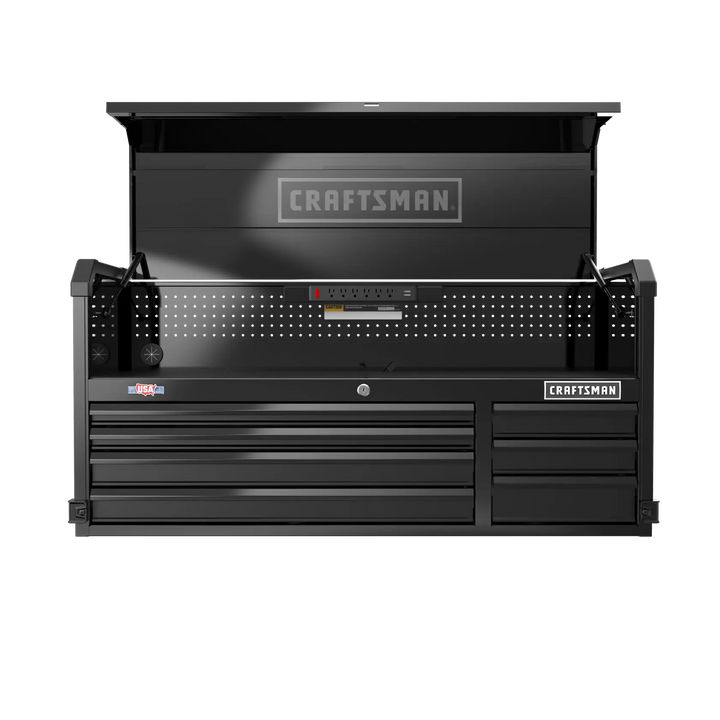 Front angle photo of Craftsman CMST98261BK black tool chest with open top lid, multiple drawers, and power strip.