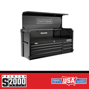 Craftsman S2000 Series black tool chest CMST98261BK, front angle, open lid, multiple drawers, pegboard panel.