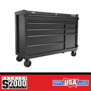 Craftsman black tool chest CMST98262BK, S2000 Series, front angle, with multiple drawers on caster wheels.