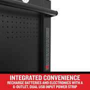 Craftsman graphics CMST98262BK, close-up of black cabinet with 6-outlet, dual USB input power strip.