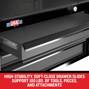 Craftsman CMST98262BK black tool chest drawer with textured liner, USA sticker, front angle.