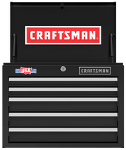 Front angle photo of Craftsman CMST98263BK black tool chest with four drawers and open lid.