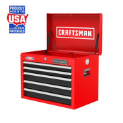 Front angle photo of Craftsman red tool chest CMST98263RB with open lid, five drawers, and USA materials badge.