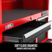 Craftsman red tool chest CMST98263RB with soft close drawers and included drawer liners, front angle photo.