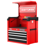Front angle photo of Craftsman tool chest CMST98267RB, red with four drawers and open top lid.