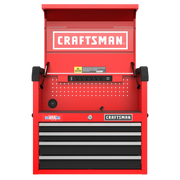 Front angle photo of CRAFTSMAN red tool chest with open lid, drawers, and CMST98267RB SKU visible.