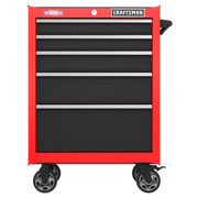 Front angle photo of CRAFTSMAN tool chest CMST98268RB, red and black with five drawers and caster wheels.